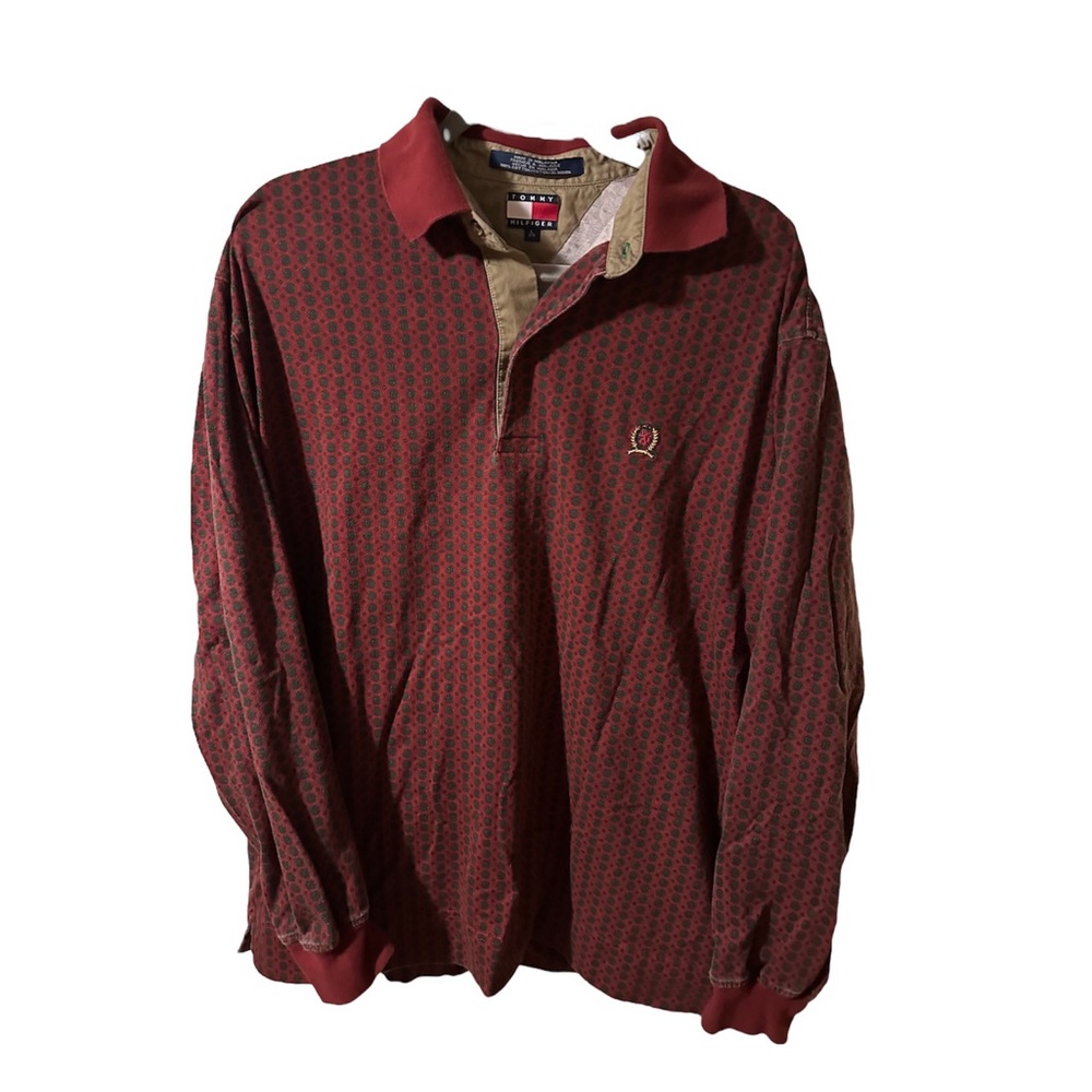 VINTAGE LONG SLEEVE TOMMY HILFIGER POLO, UNIQUE PATTERN SIZE LARGE ❤️💛👕